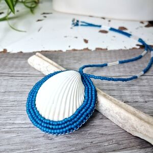Handcrafted Blue Beaded Shell Pendant Necklace